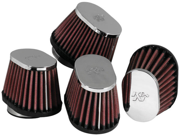 K&N Universal Chrome Oval Tapered Air Filter - 2in Flg ID x 4in OS L 3in OS W x 2.75in H - Bull Strap