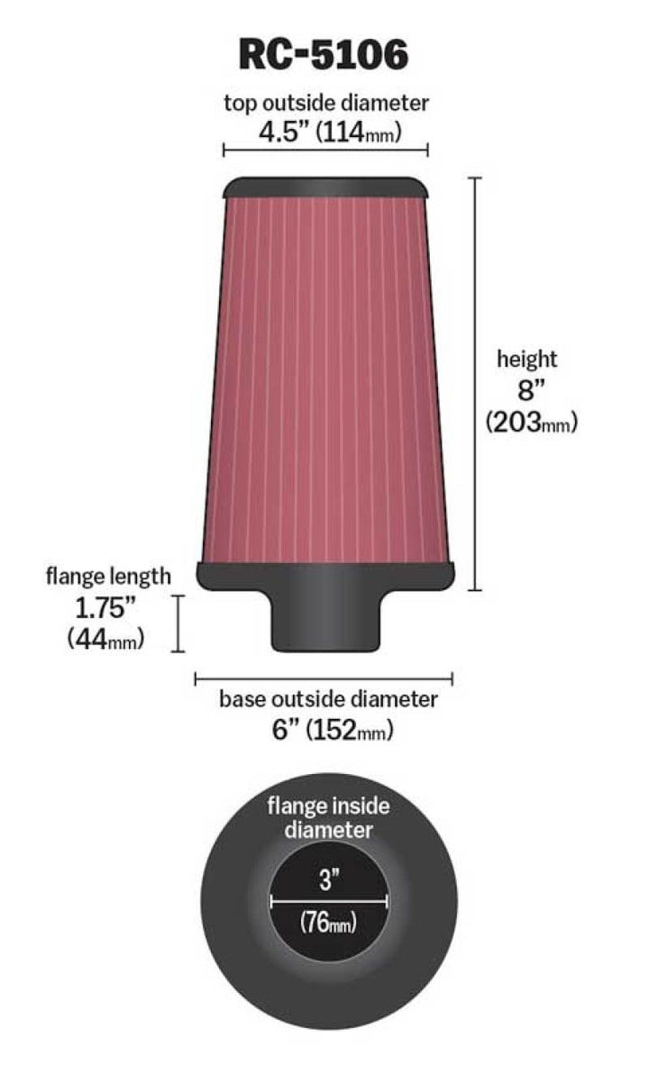 K&N Universal Chrome Round Tapered Air Filter 3in FlangeID / 6in Base OD / 4.5in Top OD / 8in Height - Bull Strap
