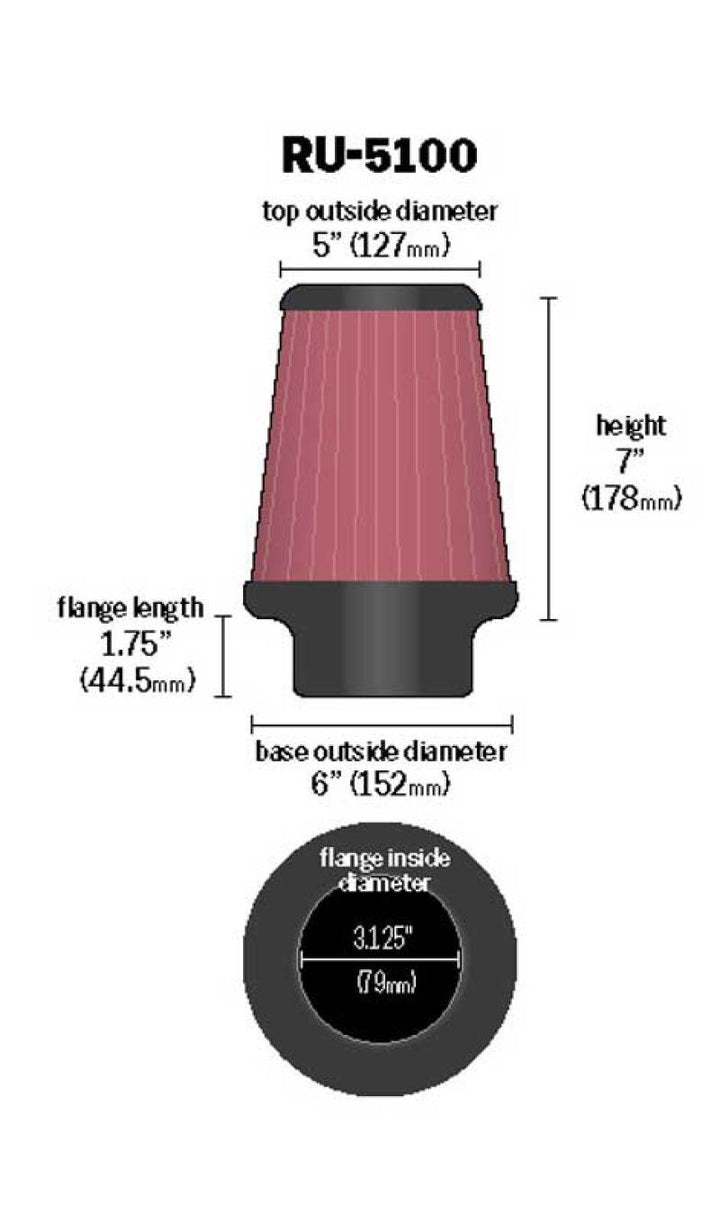 K&N Universal Clamp-On Air Filter 3-1/8in FLG / 6in B / 5in T / 7in H - Bull Strap