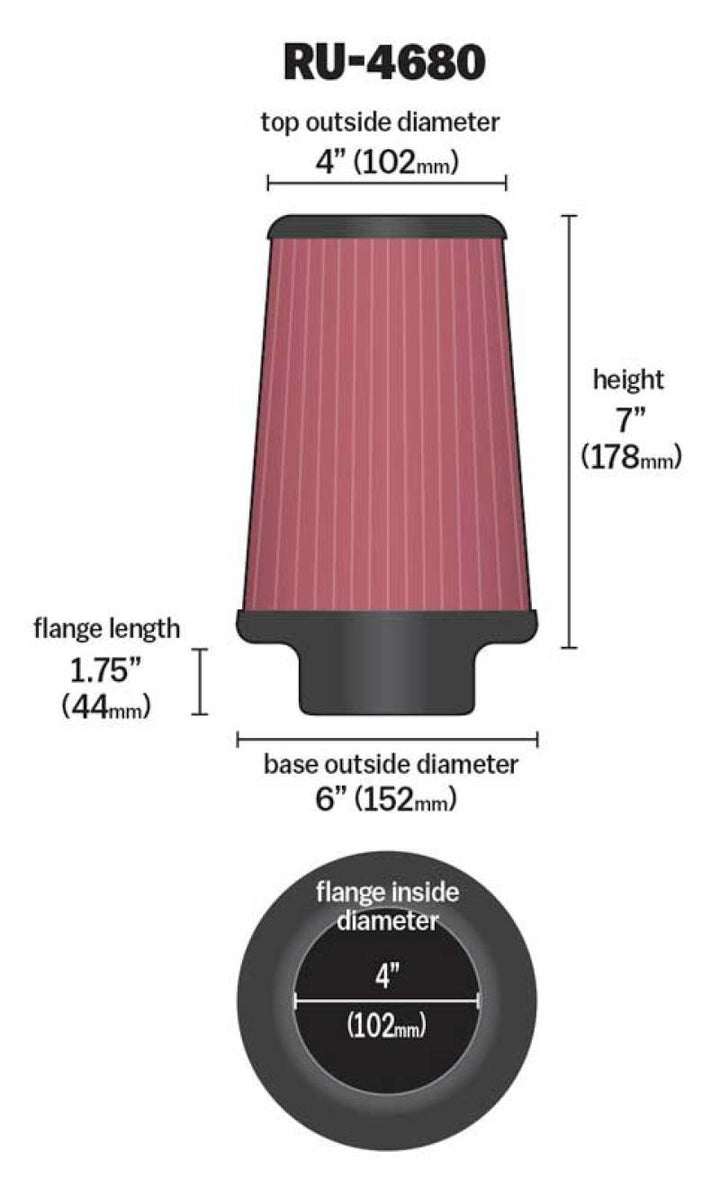 K&N Universal Clamp-On Air Filter 4in FLG / 6in B / 4in T / 7in H - Bull Strap