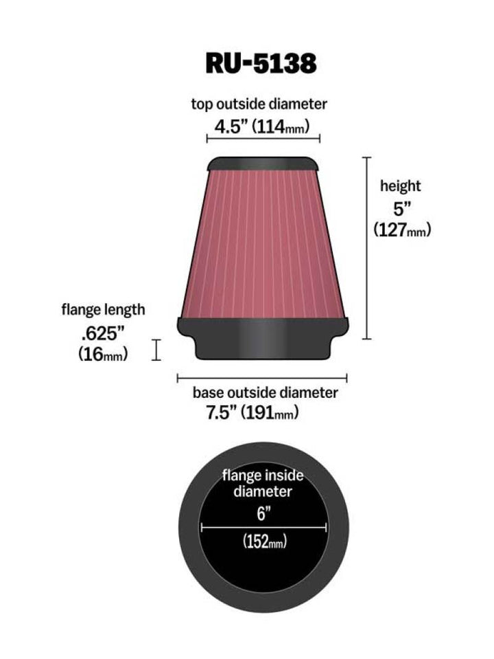 K&N Universal Clamp-On Air Filter 6in FLG / 7-1/2in B / 4-1/2in T / 5in H - Bull Strap