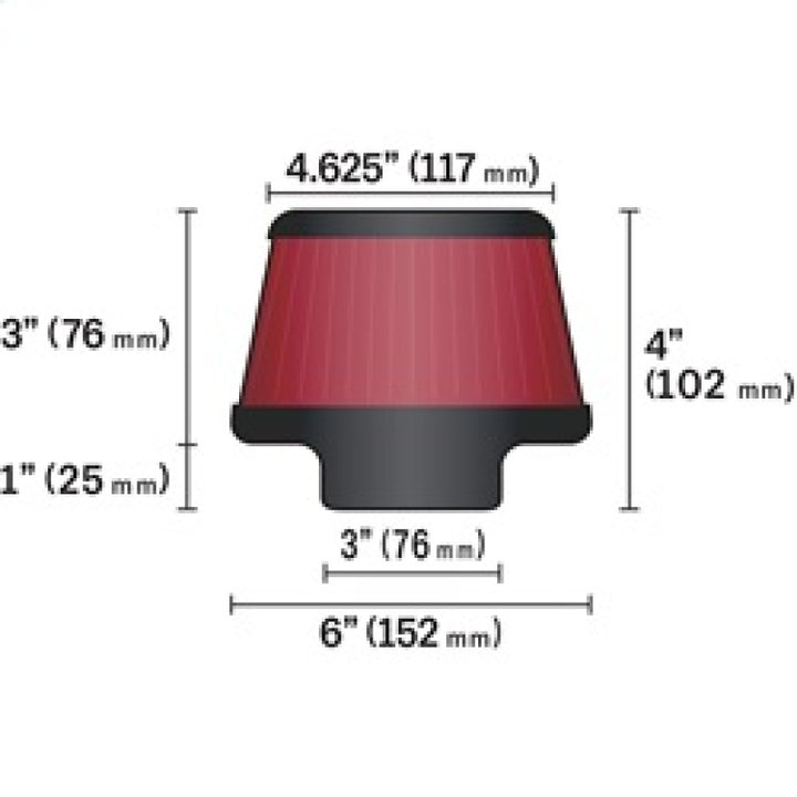 K&N Universal Round Clamp-On Air Filter 3in Flange ID x 6in Base OD x 4.625in Top OD x 3in Height - Bull Strap