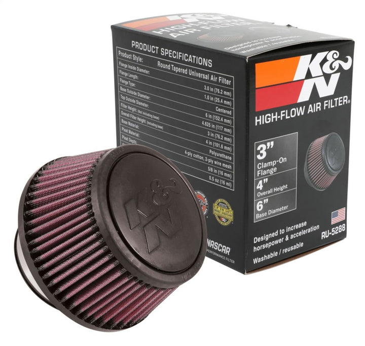 K&N Universal Round Clamp-On Air Filter 3in Flange ID x 6in Base OD x 4.625in Top OD x 3in Height - Bull Strap