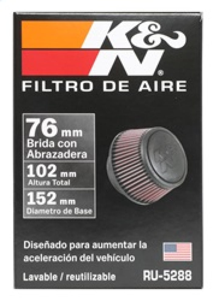 K&N Universal Round Clamp-On Air Filter 3in Flange ID x 6in Base OD x 4.625in Top OD x 3in Height - Bull Strap