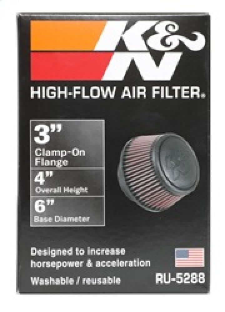 K&N Universal Round Clamp-On Air Filter 3in Flange ID x 6in Base OD x 4.625in Top OD x 3in Height - Bull Strap