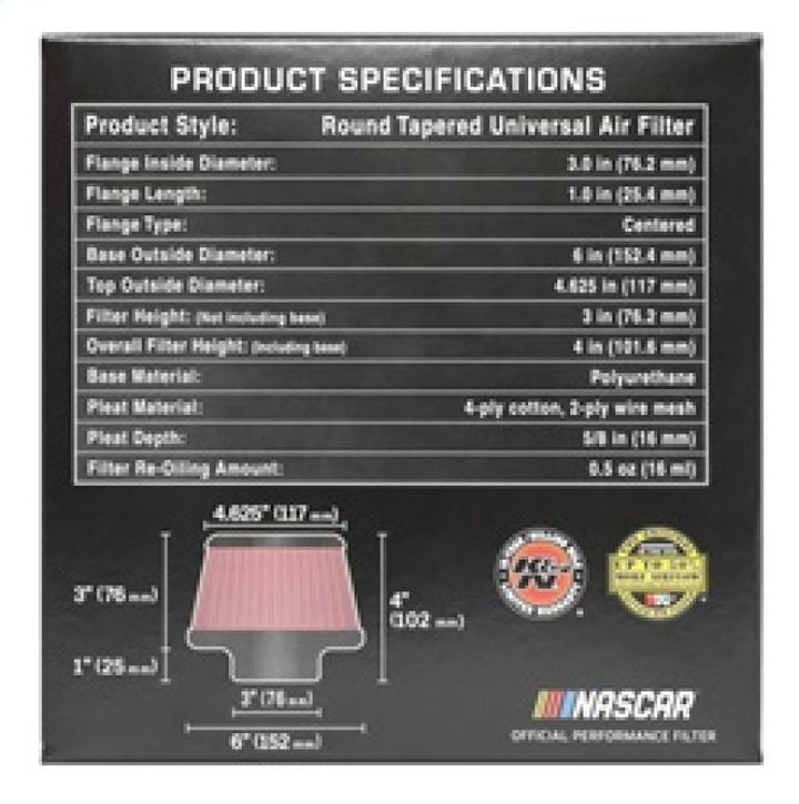 K&N Universal Round Clamp-On Air Filter 3in Flange ID x 6in Base OD x 4.625in Top OD x 3in Height - Bull Strap