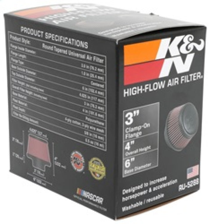 K&N Universal Round Clamp-On Air Filter 3in Flange ID x 6in Base OD x 4.625in Top OD x 3in Height - Bull Strap