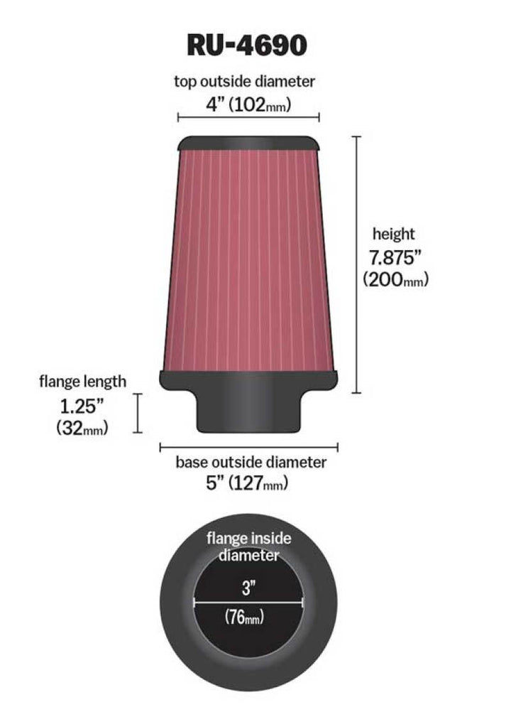 K&N Universal Round Tapered Filter 3 inch FLG / 5 inch Bottom / 4 inch Top / 7 7/8 inch Height - Bull Strap