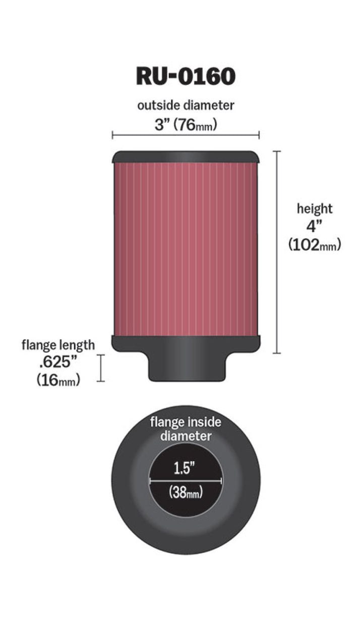 K&N Universal Rubber Filter 1 1/2in FLG 3in OD 4in Height - Bull Strap