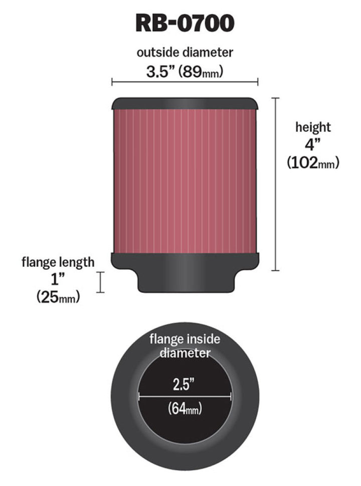 K&N Universal Rubber Filter 2.5 inch 5 Degree FLG 3.5 inch OD 4 inch Height - Bull Strap