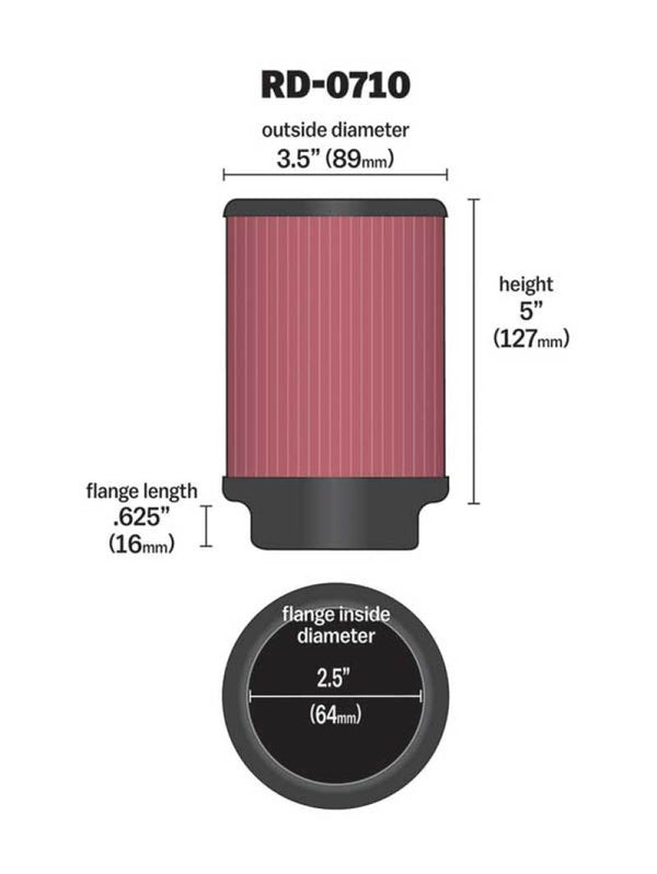 K&N Universal Rubber Filter 2.5in Flange ID x 3.5in OD x 5in Height - Bull Strap