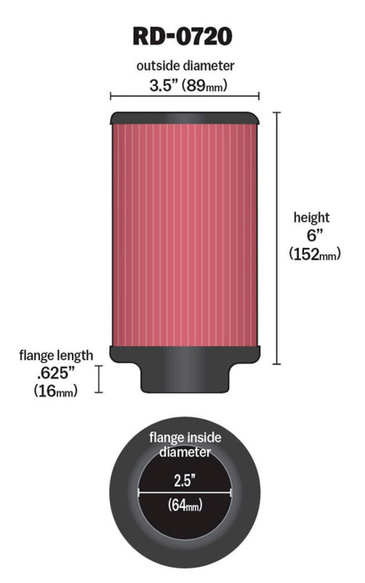 K&N Universal Rubber Filter 2.5in Flange ID x 3.5in OD x 6in Height - Bull Strap