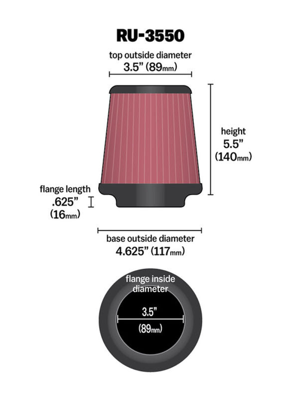 K&N Universal Rubber Filter 3 1/2 inch FLG / 4 5/8 inch Base / 3-1/2 inch Top / 5 1/2 inch Height - Bull Strap
