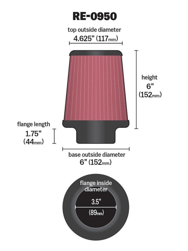K&N Universal Rubber Filter 3 1/2inch ID FLG / 6inch Base / 4-5/8inch Top / 6inch Height - Bull Strap