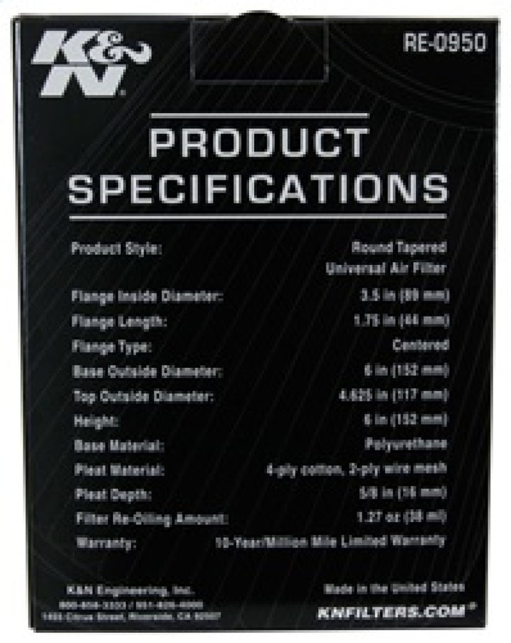 K&N Universal Rubber Filter 3 1/2inch ID FLG / 6inch Base / 4-5/8inch Top / 6inch Height - Bull Strap