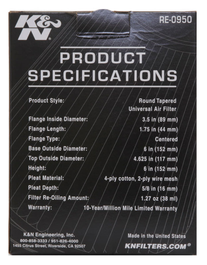 K&N Universal Rubber Filter 3 1/2inch ID FLG / 6inch Base / 4-5/8inch Top / 6inch Height - Bull Strap
