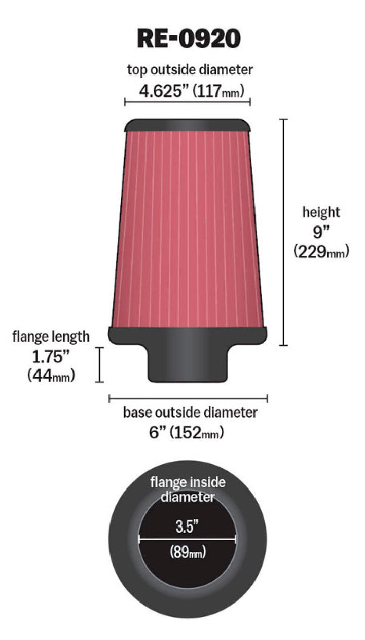 K&N Universal Rubber Filter 3 1/2inch ID FLG / 6inch Base / 4-5/8inch Top / 9inch Height - Bull Strap