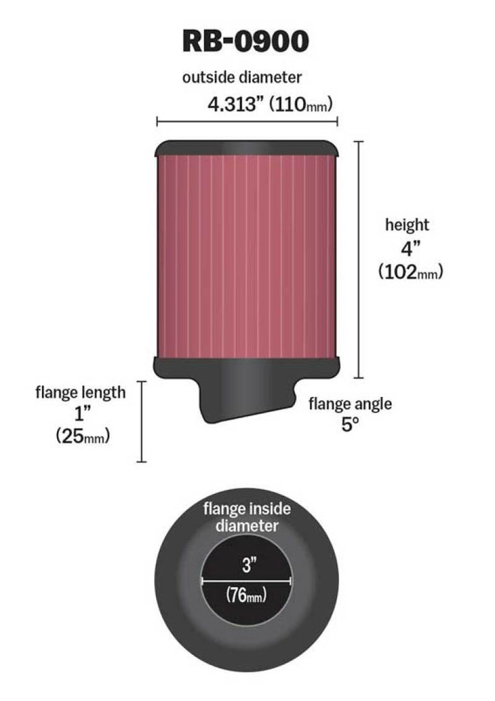 K&N Universal Rubber Filter 3 inch 5 Degree FLG 4 1/2 inch OD 4 inch Height - Bull Strap