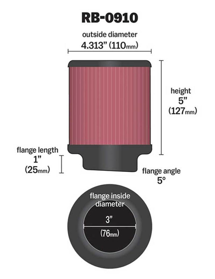 K&N Universal Rubber Filter 3 inch 5 Degree FLG 4 1/2 inch OD 5 inch Height - Bull Strap