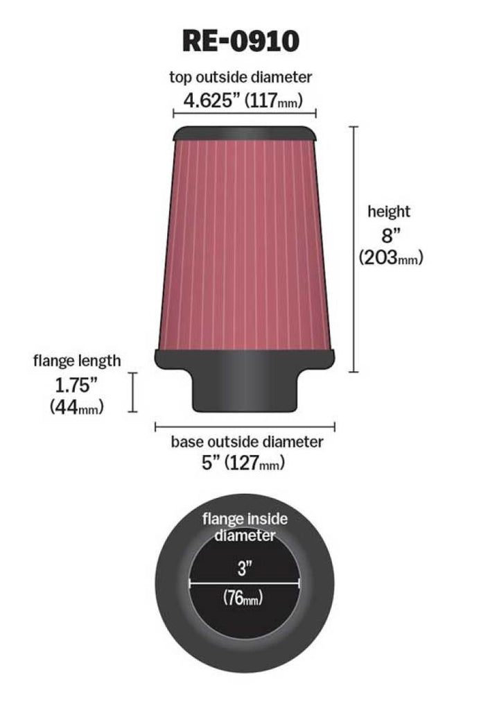 K&N Universal Rubber Filter 3inch FLG / 5inch OD-B / 4-5/8inch OD-T / 8inch H - Bull Strap
