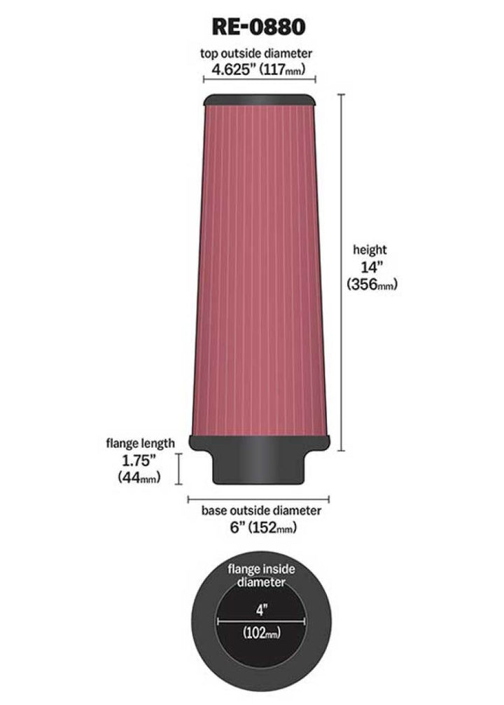 K&N Universal Rubber Filter 4inch FLG / 6inch OD-B / 4-5/8inch OD-T / 14inch H - Bull Strap
