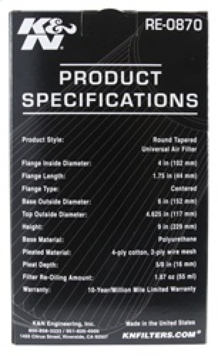 K&N Universal Rubber Filter 4inch FLG / 6inch OD-B / 4-5/8inch OD-T / 9inch H - Bull Strap