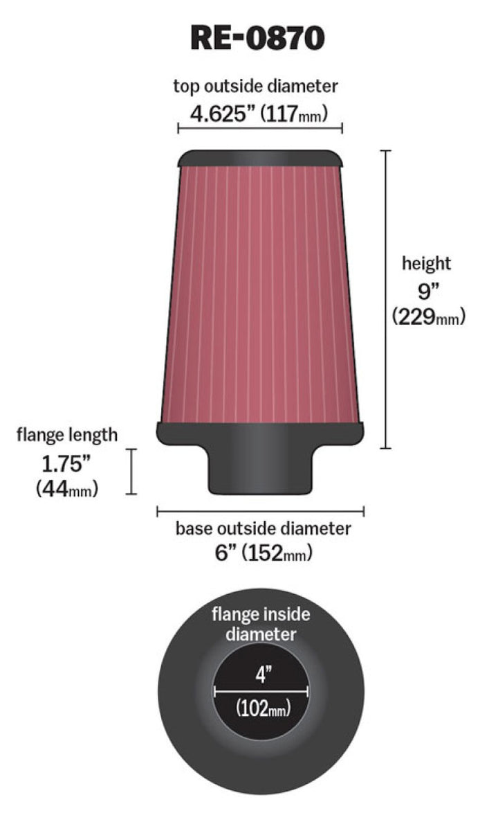 K&N Universal Rubber Filter 4inch FLG / 6inch OD-B / 4-5/8inch OD-T / 9inch H - Bull Strap