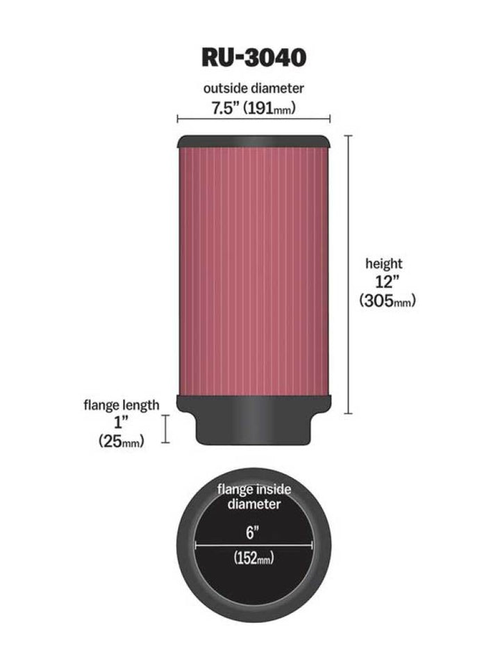 K&N Universal Rubber Filter 6in ID 7.5in OD 12in H - Bull Strap