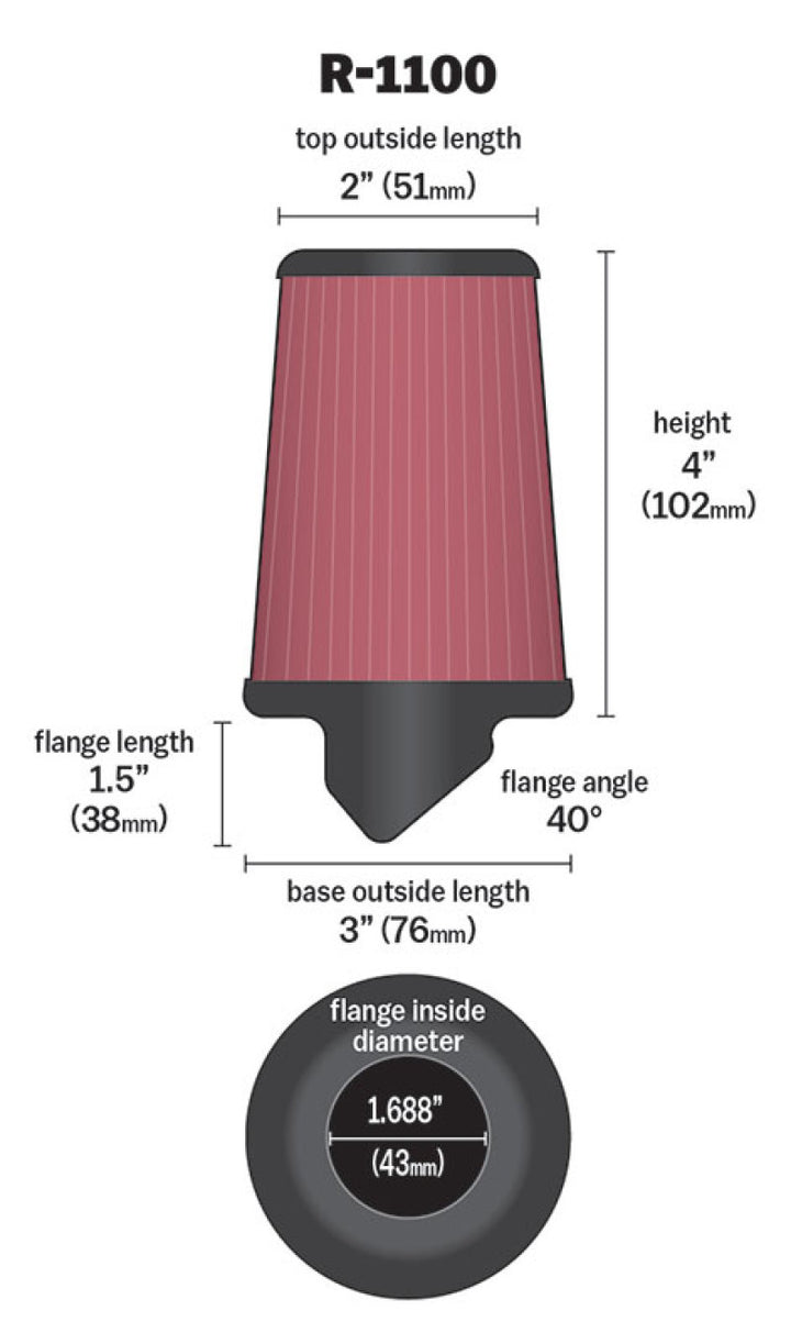 K&N Universal Rubber Filter Round Tapered 3in Base OD x 2in Top OD x 4in H - 73-78 Honda ATC90 - Bull Strap