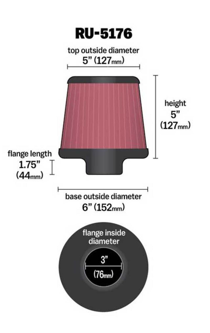 K&N Universal Rubber Filter-Round Tapered 3in Flange ID x 6in Base OD x 6in Top OD x 5in H - Bull Strap