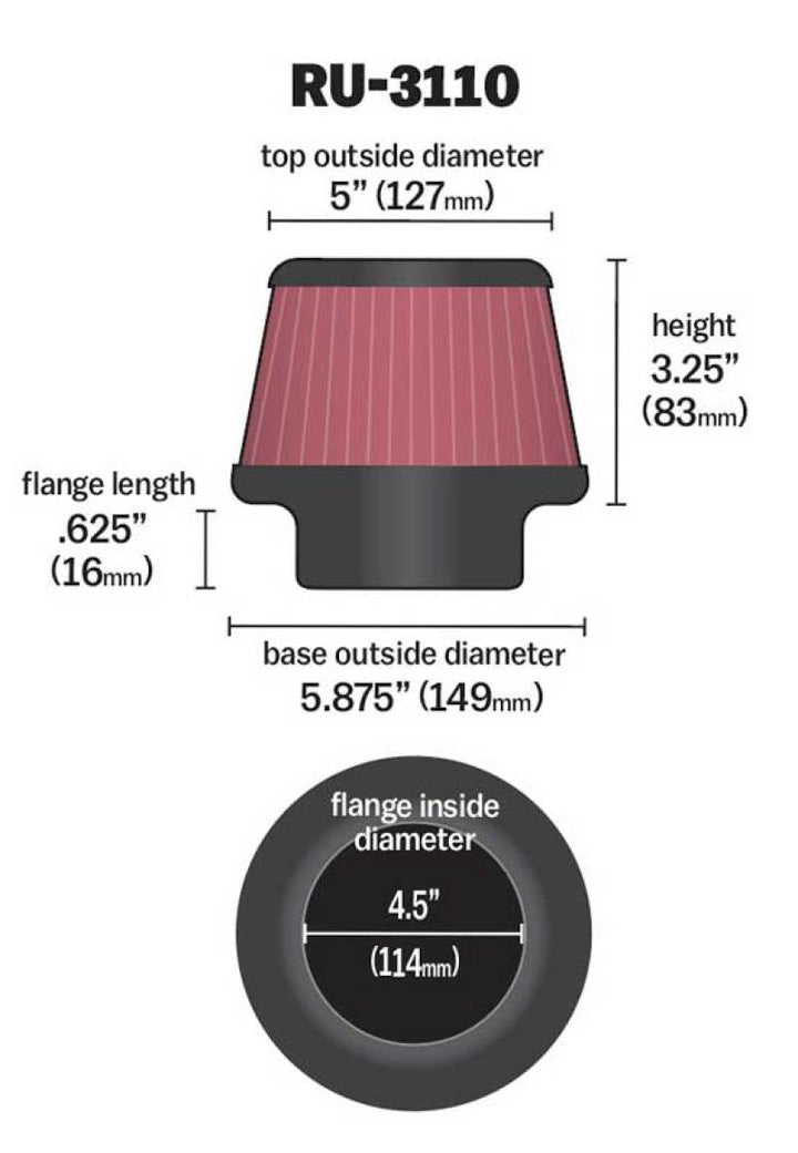 K&N Universal Rubber Filter Round Tapered 4.5in Flange ID x 5.875 Base OD x 5in Top OD x 3.25in H - Bull Strap