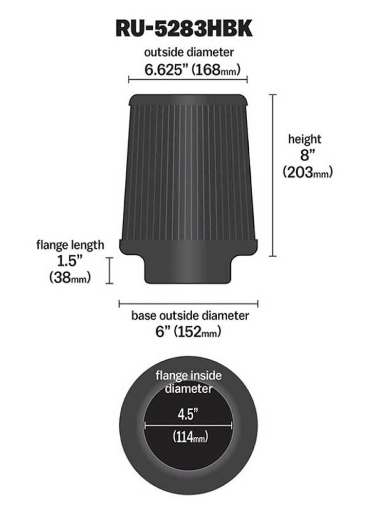 K&N Universal Rubber Filter-Round Tapered 4.5in Flange ID x 8in Base OD x 6.625in Top OD x 8in H - Bull Strap