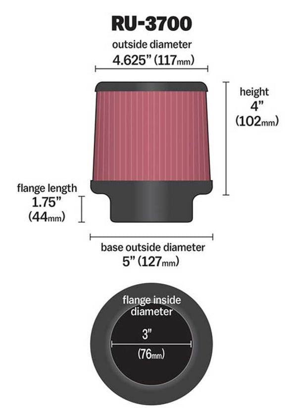 K&N Universal Rubber Filter Round Tapered 4.625in Top OD x 5in Base OD x 4in H - Bull Strap