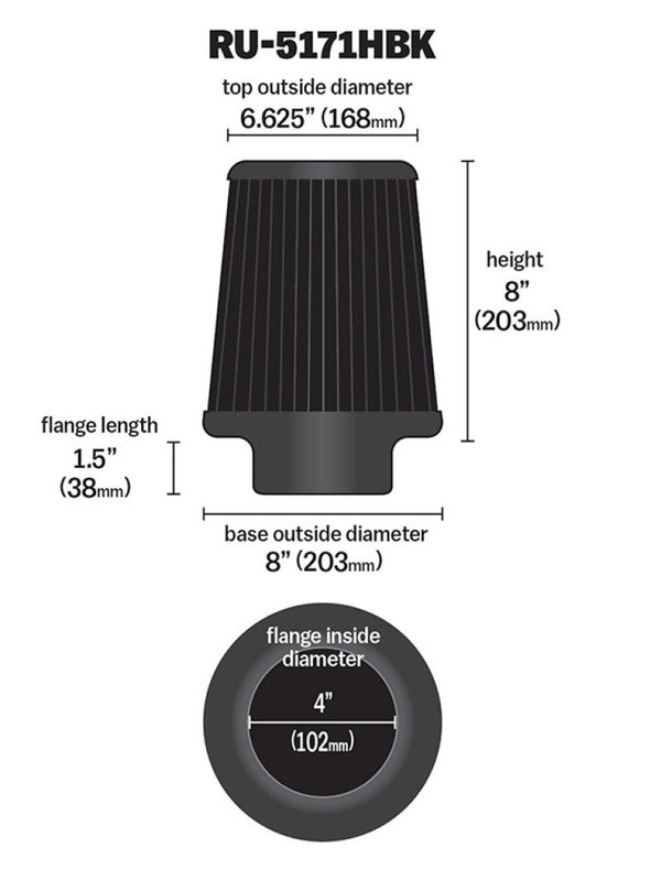K&N Universal Rubber Filter-Round Tapered 4in Flange ID x 8in Base OD x 6.625in Top OD x 8in H - Bull Strap