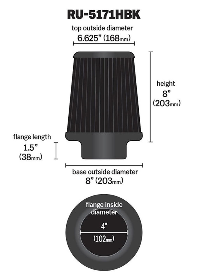 K&N Universal Rubber Filter-Round Tapered 4in Flange ID x 8in Base OD x 6.625in Top OD x 8in H - Bull Strap
