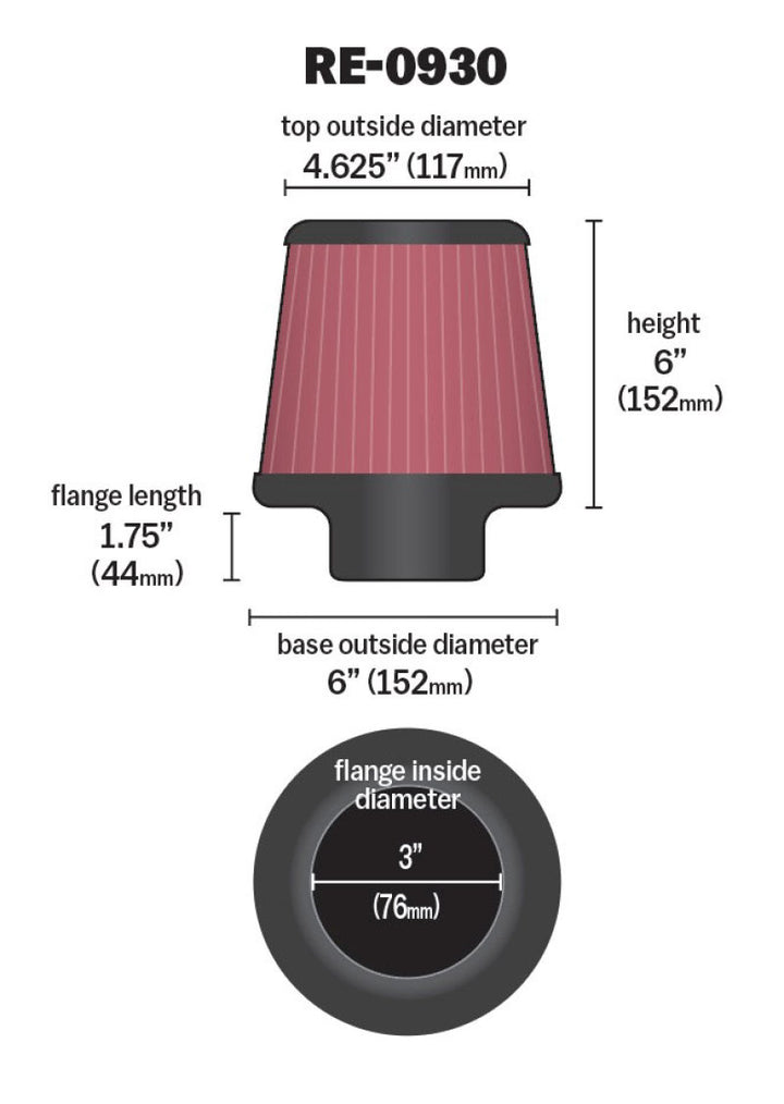 K&N Universal Rubber Filter - Round Tapered 6in Base OD x 3in Flange ID x 6in H - Bull Strap