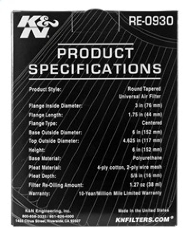 K&N Universal Rubber Filter - Round Tapered 6in Base OD x 3in Flange ID x 6in H - Bull Strap