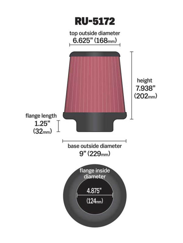 K&N Universal Rubber Filter-Round Tprd 4.875in Flange ID x 9in Base OD x 6.625in Top OD x 7.938in H - Bull Strap