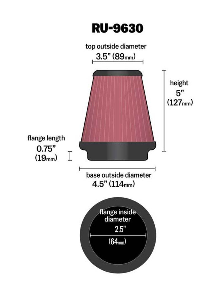K&N Universal Tapered Filter 2.5in Flange ID x 4.5in Base OD x 3.5in Top OD x 5in Height - Bull Strap