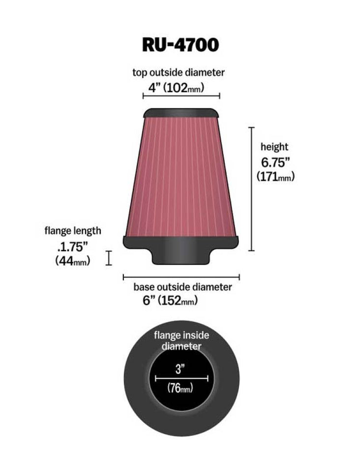 K&N Universal Tapered Filter 3in Flange ID x 6in Base OD x 4in Top OD x 6.75in Height - Bull Strap