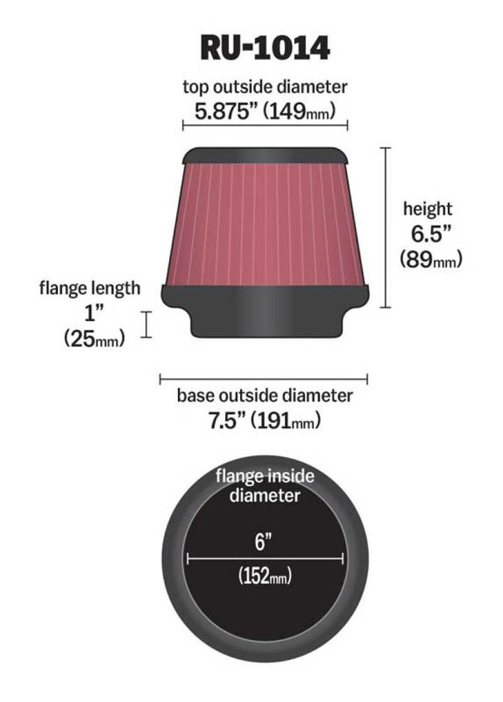 K&N Universal Tapered Filter 6in Flange ID x 7.5in Base OD x 5.875in Top OD x 6.5in Height - Bull Strap