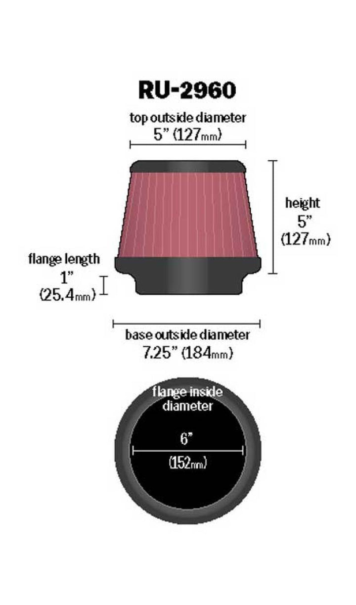 K&N Universal Tapered Filter 6in Flange ID x 7.5in Base OD x 5in Top OD x 5in Height - Bull Strap