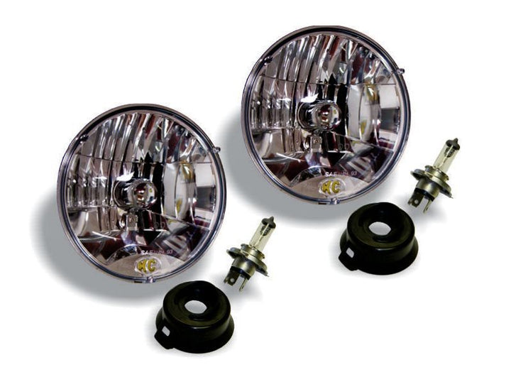 KC HiLiTES Universal/97-06 Jeep TJ 7in. Halogen H4 DOT Headlight 55/60w Lexan (Pair Pack System) - Bull Strap