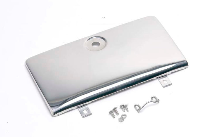 Kentrol 72-86 Jeep CJ Glove Box Door Use with OE Key Lock - Polished Silver - Bull Strap