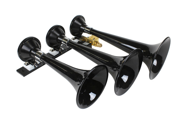 Kleinn Black Triple Horn/ 15In/13In/11In - High Impact ABS Trumpet/ Zinc Alloy Base - Bull Strap