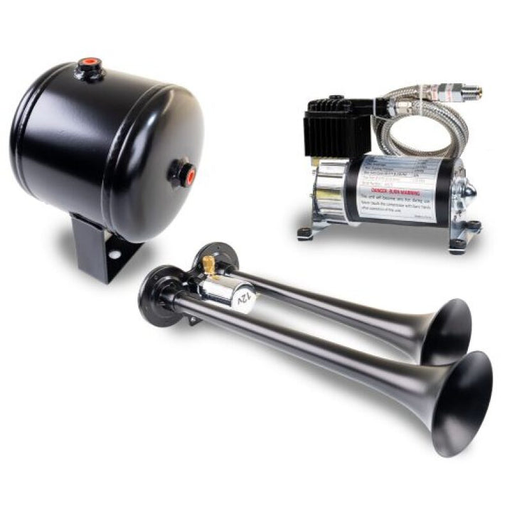 Kleinn Dual Black Horn Kit w/ 120 PSI Air Compressor / 0.5 gal Air Tank - Bull Strap