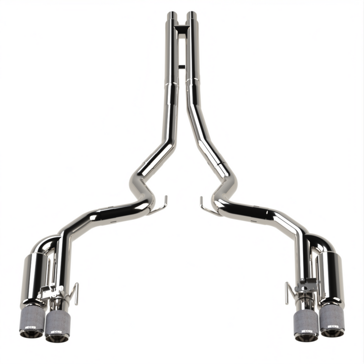 Kooks 18-24 Ford Mustang GT 5.0 3in. Valved Shotgun Cat-Back Exhaust - Carbon Tips - Bull Strap