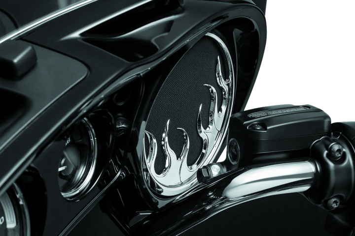Kuryakyn Flame Speaker Grills For 14-Up Touring Models Chrome - Bull Strap