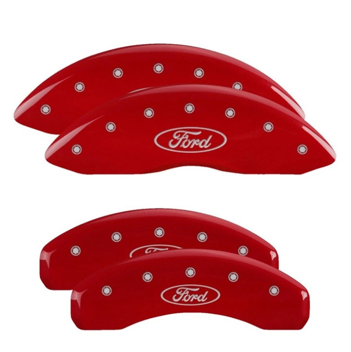 MGP 4 Caliper Covers Engraved Front & Rear Ford Oval Logo Red Finish Silver Char 2021 Ford F-150 - Bull Strap