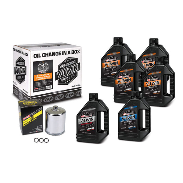 Maxima V-Twin Oil Change Kit Mineral w/Chrome Filter Evolution - Bull Strap